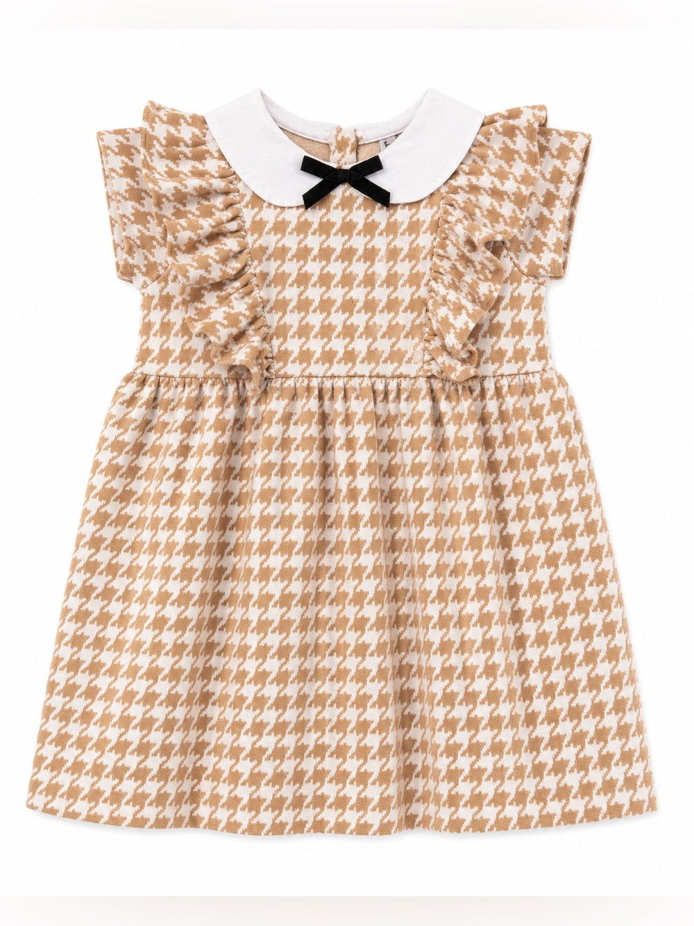 Janie and Jack Tan and White Houndstooth Dress with Peter Pan Collar